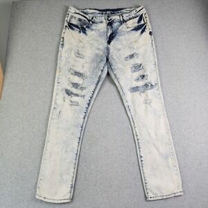 True Rock Jeans Mens 36/32 Blue Denim Acid Wash Distress Slim Taper Supreme Flex